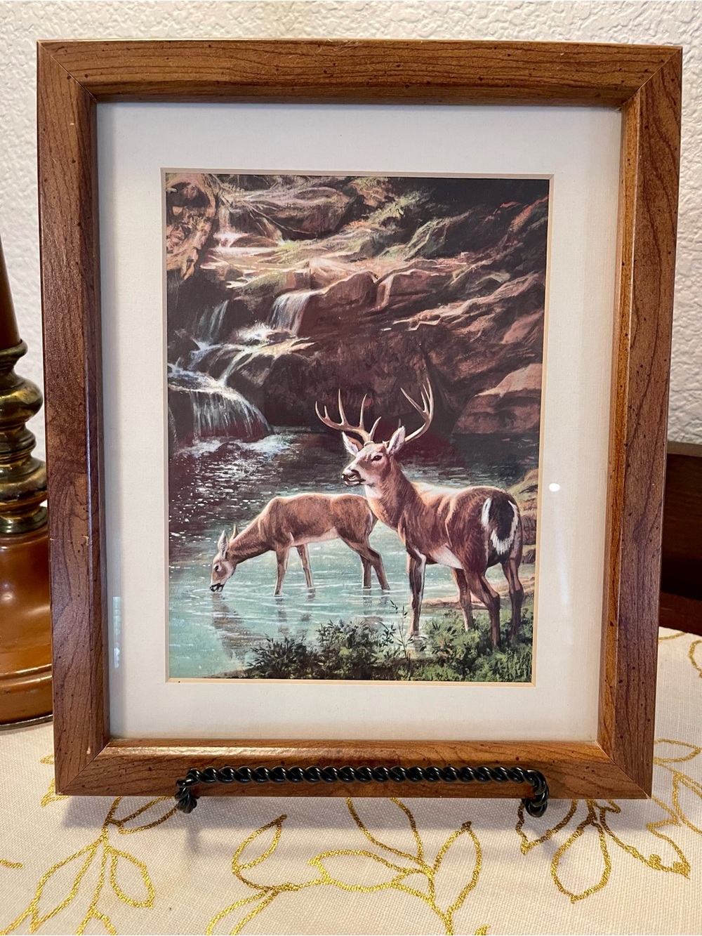 Framed Deer Waterfall Art Print - Brown and Green
